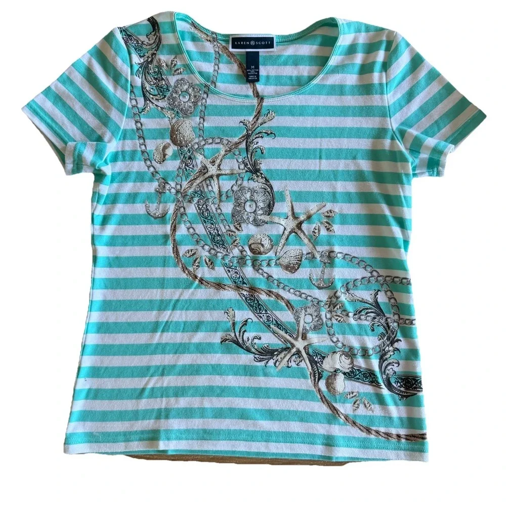 Karen Scott Starfish Striped Top Medium‎ Coastal Grandma Studded Beachy Nautical